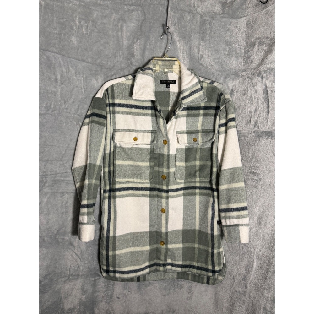 Banana Republic Plaid Shirt Jacket Womens XS Green Wool blend Shacket Fleece
